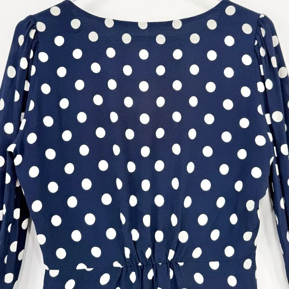 J. Crew Navy Blue White Polka Dot Crepe V Neck Button Front Peplum Blouse